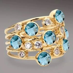 Gold plated ring size 8 with Blue Zircon & clear Swarovski crystals BNIB